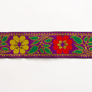Тесьма 40 мм жаккард с люрексом фиолетовый с красными и желтыми цветами