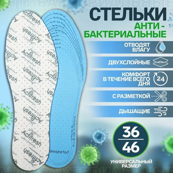 Стельки обувные 9412146 с антибактериальным покрытием, дышащие, универсальные 36-46 р-р голубой