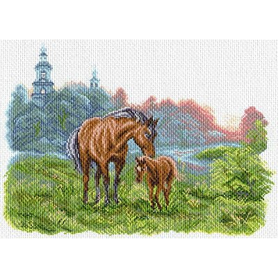 Рисунок на канве МП (37*49 см) 1623 «На лугу на зорьке» (лошади) в интернет-магазине Швейпрофи.рф