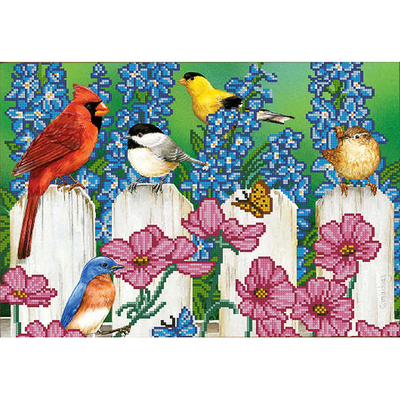 Ткань с рисунком для вышивания бисером А3 E-0307 «Птички на заборе» 29*39 см в интернет-магазине Швейпрофи.рф