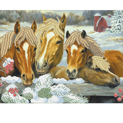 Ткань с рисунком для вышивания бисером А3 E-0321 «Дружные лошадки» 29*39 см в интернет-магазине Швейпрофи.рф