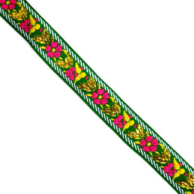 Тесьма 20 мм жаккард с люрексом  зелёный цветы в интернет-магазине Швейпрофи.рф