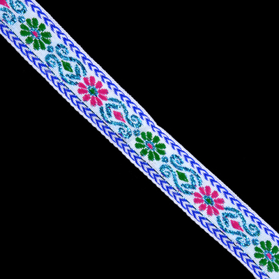 Тесьма 20 мм жаккард с люрексом бел. с роз. цветами в интернет-магазине Швейпрофи.рф