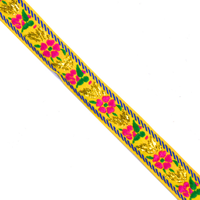 Тесьма 20 мм жаккард с люрексом желтый с роз. цветами в интернет-магазине Швейпрофи.рф