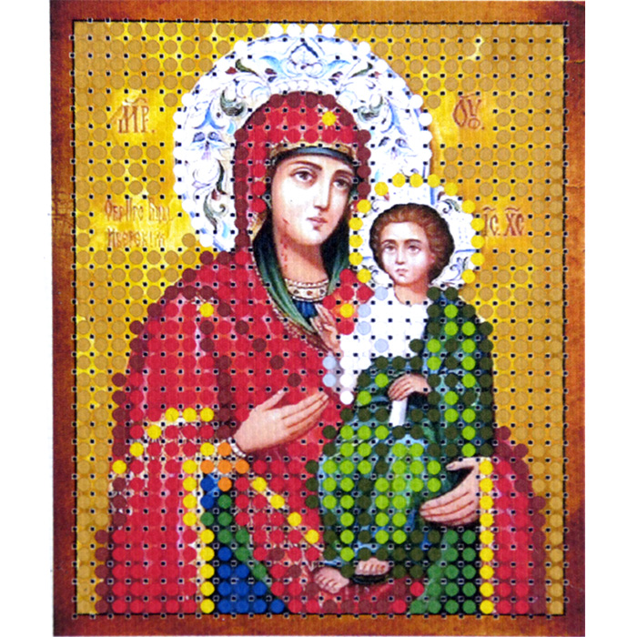 Ткань с рисунком для вышивания бисером 6*7 см М-010 «Иверская Богородица»