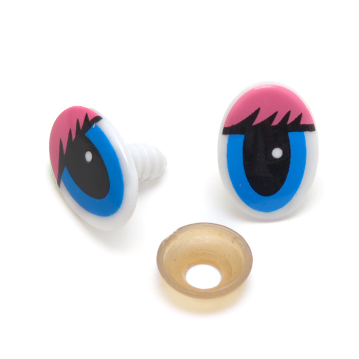 Глаза винтовые «овал» с ресницами 16*22 мм, розовый/синий