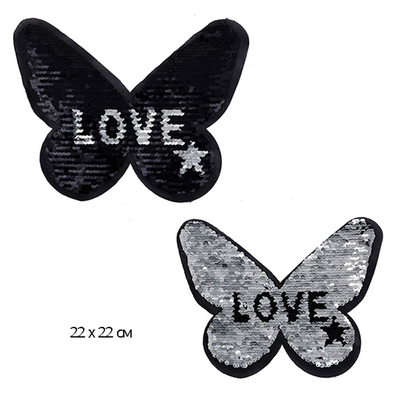 Аппликация пришивная TBY.FLA06 «LOVE» бабочка с пайетками 20*25 см черный/серебро в интернет-магазине Швейпрофи.рф