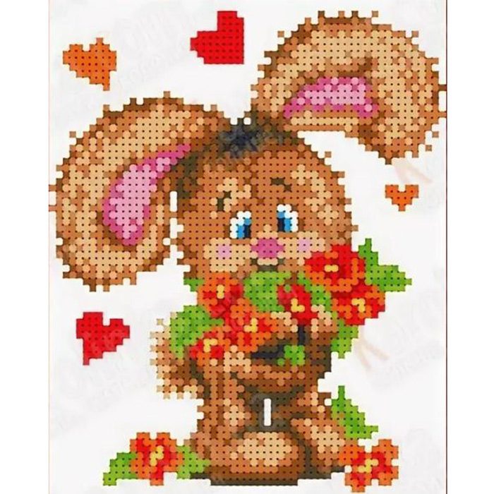 Ткань для вышивания бисером Каролинка КБЖ-5013 «Зайчонок с цветами» 13*16 см