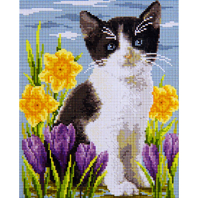 Алмазная мозаика D 3216 «Черно-белый котенок в цветах» 25*29 см в интернет-магазине Швейпрофи.рф