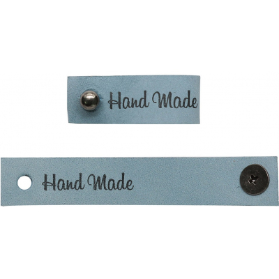 Нашивка кожаная «Hand made» 1,3*7 см бирка с кнопкой 559227, 557438 голубой в интернет-магазине Швейпрофи.рф