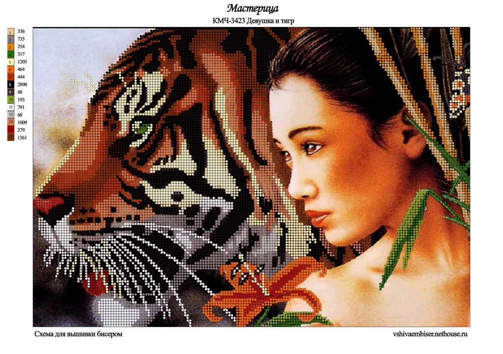Ткань для вышивания бисером А3 КМЧ-3423 «Девушка и тигр» 25*37 см