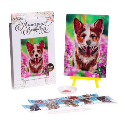 Алмазная мозаика 7402674 «Собака в цветах» 13*19 см на подставке в интернет-магазине Швейпрофи.рф