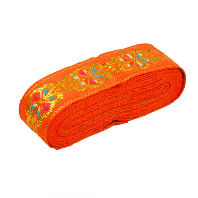 Тесьма 45 мм жаккард с люрексом рис. 1 оранжевый с цветами в интернет-магазине Швейпрофи.рф
