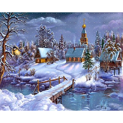 Алмазная мозаика АЖ-1276 «Зима в деревне» 40*60 см в интернет-магазине Швейпрофи.рф